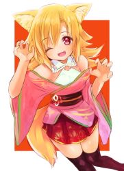 Rule 34 | 1girl, animal ear fluff, animal ears, bad id, bad twitter id, bare shoulders, blonde hair, blush, claw pose, fang, fox ears, fox tail, highres, hutaba akane, japanese clothes, long hair, looking at viewer, nanashin naomi, obi, one eye closed, open mouth, original, red eyes, sash, skirt, smile, solo, tail, thighhighs, wide sleeves