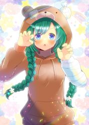 Rule 34 | 1girl, animal ears, animal hood, bandaged arm, bandaged ear, bandages, bear ears, bear hood, blue eyes, braid, breasts, brown hoodie, claw pose, commentary request, commission, copyright request, drawstring, fake animal ears, flower, green hair, hair flower, hair ornament, hands up, heart, hood, hood up, hoodie, kou hiyoyo, long hair, long sleeves, looking at viewer, low twin braids, low twintails, puffy long sleeves, puffy sleeves, skeb commission, small breasts, solo, star (symbol), twin braids, twintails, upper body, v-shaped eyebrows, very long hair, virtual youtuber, white background, white flower