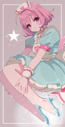 Rule 34 | 1girl, ahoge, apron, aqua dress, aqua footwear, aqua hair, blush stickers, bob cut, border, breasts, brown choker, choker, closed mouth, colored inner hair, dress, earrings, frilled apron, frilled headwear, frills, glitter, grey background, hat, heart, heart print, highres, idolmaster, idolmaster cinderella girls, idolmaster cinderella girls starlight stage, jewelry, knees up, large breasts, legs, light smile, looking at viewer, multicolored hair, nurse cap, pill earrings, pink armband, pink eyes, pink hair, pink wings, shiny footwear, short sleeves, smile, solo, sparkle print, star (symbol), sukoyaka (100hituzi), two-tone hair, underbust, white apron, white border, white hat, white wrist cuffs, wings, wrist cuffs, yumemi riamu