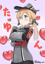 Rule 34 | 1girl, ahenn, anchor hair ornament, aqua eyes, blonde hair, breasts, cross, gloves, grey background, hair ornament, hand on own chin, hat, heart, iron cross, kantai collection, large breasts, low twintails, microskirt, military, military uniform, peaked cap, prinz eugen (kancolle), simple background, skirt, solo, twintails, twitter username, uniform, upper body, white gloves