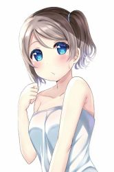 Rule 34 | 1girl, aqua eyes, bare shoulders, blue eyes, blush, breasts, looking at viewer, love live!, love live! sunshine!!, naked towel, short hair, side ponytail, solo, tagme, towel, upper body, watanabe you, white background