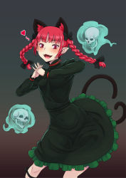 Rule 34 | 1girl, :3, :d, animal ears, bow, braid, cat ears, cat tail, contrapposto, dress, extra ears, fangs, green dress, hair bow, heart, highres, interlocked fingers, kaenbyou rin, kakone, long sleeves, multiple tails, nekomata, open mouth, pointy ears, red eyes, red hair, skull, smile, solo, tail, tongue, touhou, twin braids, two tails
