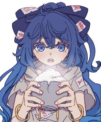 Rule 34 | 1girl, absurdres, bangle, blue bow, blue hair, bow, bowl, bracelet, cracked bowl, d:, duplicate, fingernails, glowing, hair between eyes, hair bow, highres, holding, holding bowl, hood, hoodie, jewelry, kame (kamepan44231), light blush, long hair, looking down, one-hour drawing challenge, open mouth, pixel-perfect duplicate, rice, round teeth, simple background, solo, teeth, torn, torn clothes, torn hoodie, touhou, upper body, upper teeth only, white background, wide-eyed, yorigami shion