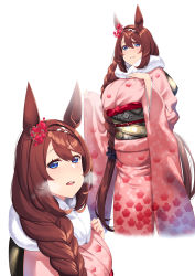 Rule 34 | 1girl, absurdres, animal ears, blue eyes, braid, braided ponytail, breasts, breath, brown hair, floral print, flower, fur-trimmed kimono, fur trim, furisode, hair between eyes, hair flower, hair ornament, hand on own chest, hiememiko, highres, horse ears, horse girl, horse tail, japanese clothes, kanzashi, kimono, large breasts, long hair, looking at viewer, multicolored hair, multiple views, obi, obiage, obijime, open mouth, parted lips, pink kimono, print kimono, red flower, sash, scrunchie, simple background, smile, streaked hair, super creek (umamusume), tail, umamusume, upper body, very long hair, white background, white hair, wide sleeves