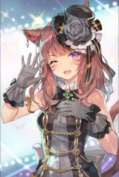 Rule 34 | 10s, 1girl, 2017, ;d, animal ears, armlet, artist name, bare arms, bare shoulders, black bow, blurry, blurry background, bow, breasts, brown hair, cat ears, cat tail, dated, earrings, fang, final fantasy, final fantasy xiv, flower, frilled gloves, frills, gloves, grey gloves, grey rose, hand on own chest, hat, hat flower, highres, idol, jewelry, long hair, medium breasts, mini hat, mini top hat, miqo&#039;te, momoko (momopoco), one eye closed, open mouth, purple eyes, revision, signature, slit pupils, smile, solo, spread fingers, tail, top hat, warrior of light (ff14)