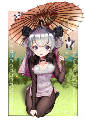 Rule 34 | 1girl, absurdres, ahoge, black hair, black pantyhose, blue eyes, blurry, blurry background, blush, breasts, center opening, china dress, chinese clothes, cleavage, cleavage cutout, clothing cutout, dress, floral print, full body, grass, hair rings, hieung, highres, holding, holding umbrella, large breasts, long sleeves, looking at viewer, looking to the side, multicolored hair, oil-paper umbrella, open mouth, original, outdoors, panda, pantyhose, purple eyes, silver hair, sitting, smile, solo, thick eyebrows, two-tone hair, umbrella