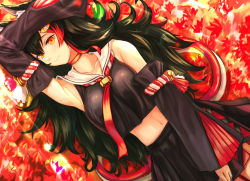 Rule 34 | 1girl, animal ears, arm up, autumn leaves, bell, black hair, black shirt, black skirt, breasts, choker, collarbone, dalcom, detached sleeves, hair ornament, hololive, large breasts, leaf, long hair, long sleeves, looking at viewer, lying, midriff, multicolored hair, navel, neckerchief, ookami mio, red hair, red neckerchief, rope, school uniform, shirt, skirt, sleeveless, sleeveless shirt, smile, streaked hair, two-tone hair, virtual youtuber, wolf ears, wolf girl, yellow eyes