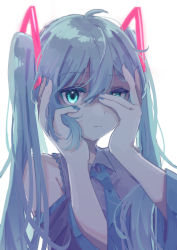 Rule 34 | 1girl, absurdres, aqua eyes, aqua hair, aqua nails, aqua necktie, backlighting, bare shoulders, black sleeves, commentary, detached sleeves, expressionless, glowing, grey shirt, hair between eyes, hair ornament, hands on own face, hands up, hatsune miku, highres, long hair, looking at viewer, nail polish, necktie, rennrenn214, shirt, sleeveless, sleeveless shirt, solo, twintails, upper body, very long hair, vocaloid, white background