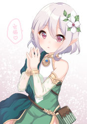 Rule 34 | 1girl, absurdres, bare shoulders, blush, commentary request, detached sleeves, dress, flower, green dress, green sleeves, hair between eyes, hair flower, hair ornament, hands up, highres, kokkoro (princess connect!), long sleeves, looking at viewer, pointy ears, princess connect!, puffy long sleeves, puffy sleeves, red eyes, silver hair, sleeveless, sleeveless dress, solo, steepled fingers, striped, suzu (minagi), translation request, vertical stripes, white flower