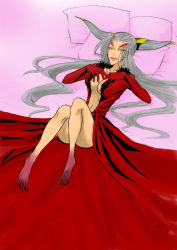 Rule 34 | 1990s (style), 1girl, bad id, bad pixiv id, barefoot, bed, breasts, cleavage, dissidia final fantasy, dress, facial mark, final fantasy, final fantasy viii, grey hair, kitsuki (chaotic-v), legs, lips, long hair, medium breasts, pillow, solo, ultimecia, yellow eyes