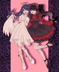 Rule 34 | 2girls, :d, absurdres, alternate costume, angel and devil, angel wings, bare arms, bare shoulders, black dress, black footwear, black hair, blunt bangs, breasts, celestia ludenberg, danganronpa: trigger happy havoc, danganronpa (series), demon tail, dress, drill hair, fake halo, fake horns, fake tail, fishnet thighhighs, fishnets, hair ornament, hairclip, halloween costume, halo, headdress, highres, holding, holding mirror, horns, kneehighs, large breasts, long hair, maizono sayaka, mirror, multicolored background, multiple girls, okonomiyakiyyy1, open mouth, red dress, red eyes, red tail, smile, socks, tail, teeth, thighhighs, twin drills, twintails, upper teeth only, white dress, wing hair ornament, wings