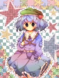 Rule 34 | 1girl, absurdres, arm up, bad id, bad pixiv id, blue eyes, blue hair, blush, dotted line, dress, female focus, frilled dress, frills, hat, highres, holding, jigsaw puzzle, kawashiro nitori, key, matching hair/eyes, nanahamu, open mouth, pocket, puzzle, short hair, short twintails, solo, star (symbol), strap, touhou, twintails, two side up