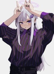 Rule 34 | 1girl, arms up, black pants, black shirt, earrings, halo, hand on own head, highres, jewelry, long hair, nail polish, open mouth, original, pants, purple eyes, purple nails, ring, sahata saba, shirt, simple background, sleeves past elbows, striped clothes, striped shirt, v, vertical-striped clothes, vertical-striped shirt, white background, wing hair ornament