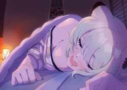 Rule 34 | 1girl, absurdres, animal ears, armpit crease, bare shoulders, bing huyue, blue archive, blurry, blurry background, breasts, cleavage, closed eyes, commentary, drooling, english commentary, grey hair, highres, indoors, japanese clothes, kimono, lantern, light blush, lying, mouth drool, night, off shoulder, official alternate costume, on stomach, open mouth, shigure (blue archive), shigure (hot spring) (blue archive), short hair, sleeping, small breasts, solo, under covers