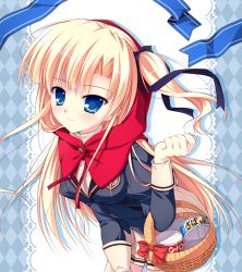 Rule 34 | 1girl, basket, blonde hair, blue eyes, can, canned food, highres, hood, long hair, mikeou, root double -before crime after days-, sannomiya louise yui, school uniform, side ponytail, solo, very long hair