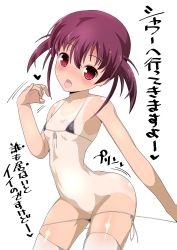 Rule 34 | 1girl, arched back, bare shoulders, bikini, bikini pull, black bikini, blush, clothes pull, covered erect nipples, fellatio gesture, flat chest, highres, looking at viewer, micro bikini, navel, one-piece tan, open mouth, oral invitation, red eyes, red hair, saki (manga), shiny skin, short hair, side-tie bikini bottom, simple background, solo, swimsuit, tan, tanline, thighhighs, tongue, translation request, twintails, untying, usuzumi hatsumi, white background, white thighhighs, xiao rui rui