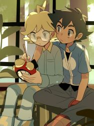 Rule 34 | 2boys, ahoge, alarm clock, ash ketchum, blonde hair, blue jacket, brown eyes, clemont (pokemon), clock, closed mouth, commentary request, creatures (company), game freak, glasses, highres, holding, indoors, jacket, jumpsuit, male focus, multiple boys, nintendo, pants, pokemon, pokemon (anime), pokemon xy (anime), repairing, round eyewear, shirt, shoes, short hair, sitting, suikaels, window