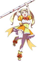 Rule 34 | 1girl, blonde hair, blunt bangs, bow, dress, frilled dress, frills, full body, hair ornament, high-waist skirt, holding, holding weapon, long hair, looking up, magical girl, magicami, official art, open mouth, orange dress, skirt, thighhighs, transparent background, twintails, two-tone dress, weapon, white thighhighs, yellow eyes, yellow footwear, yuwase cocoa, zettai ryouiki