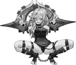 Rule 34 | 1girl, absurdres, bdsm, belt, bondage, bound, breasts, briar (league of legends), chen zi, double v, full body, greyscale, hair between eyes, highres, league of legends, long hair, looking at viewer, monochrome, pointy ears, sharp teeth, sidelocks, simple background, small breasts, smile, solo, squatting, stirrup legwear, teeth, toeless footwear, toeless legwear, toenails, toes, v, vampire, wrist cuffs