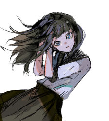 Rule 34 | 1girl, black hair, black sailor collar, black skirt, blue eyes, blunt bangs, check copyright, commentary, copyright request, floating hair, hand in own hair, light frown, long sleeves, looking at viewer, medium hair, open mouth, original, ranko no ane, sailor collar, school uniform, shirt, sketch, skirt, white background, white shirt