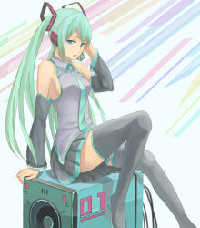 Rule 34 | 1girl, boots, detached sleeves, female focus, green eyes, green hair, hatsune miku, headset, long hair, marshmallow (victima013), matching hair/eyes, necktie, sitting, skirt, solo, speaker, thigh boots, thighhighs, twintails, very long hair, vocaloid