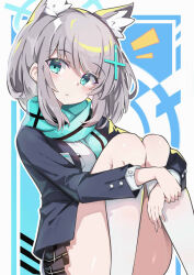 Rule 34 | 1girl, animal ear fluff, animal ears, black skirt, blue archive, blue eyes, blue halo, blue jacket, blue scarf, blush, cross hair ornament, extra ears, feet out of frame, grey hair, hair ornament, halo, highres, hugging own legs, jacket, kneehighs, knees up, long sleeves, looking at viewer, mismatched pupils, notice lines, omochishiki, open clothes, open jacket, plaid, plaid skirt, pleated skirt, scarf, shiroko (blue archive), shirt, sitting, skirt, socks, solo, white shirt, wolf ears