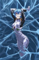Rule 34 | 1girl, arms behind head, artist request, ayanami rei, bandages, bandaid, bandaid on face, blue hair, bodysuit, breasts, hair between eyes, hair ornament, highres, looking at viewer, medium breasts, neon genesis evangelion, plugsuit, red eyes, shiny clothes, short hair, skin tight, solo, trapped, turtleneck