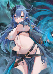 Rule 34 | 1girl, absurdres, azur lane, black coat, blue eyes, blue hair, blush, breasts, coat, dress, hair between eyes, highres, horns, kanesada dp, large breasts, long hair, looking at viewer, mary celeste (azur lane), navel, pointy ears, revealing clothes, solo, stomach, tentacles, torn clothes, underboob
