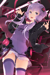 Rule 34 | 1girl, ahoge, dress, hair ornament, highres, hood, hooded jacket, jacket, long hair, long sleeves, open clothes, open jacket, open mouth, panties, pantyshot, purple dress, purple eyes, purple hair, purple panties, purple thighhighs, smile, solo, standing, thighhighs, twintails, underwear, upskirt, very long hair, vocaloid, voiceroid, yoshino ryou, yuzuki yukari