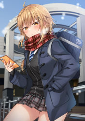 Rule 34 | 1girl, bag, black jacket, blonde hair, blue necktie, blush, breasts, breath, brown eyes, cellphone, closed mouth, commentary request, day, diagonal-striped clothes, diagonal-striped necktie, diagonal-striped neckwear, grey skirt, hair between eyes, hair ornament, hairclip, hand in pocket, highres, holding, holding phone, jacket, komori kuzuyu, long sleeves, medium breasts, nao (kuzuyu), necktie, open clothes, open jacket, original, outdoors, phone, plaid, plaid scarf, plaid skirt, pleated skirt, red scarf, scarf, school bag, school uniform, skirt, sleeves past wrists, solo, striped clothes, striped necktie, striped neckwear, x hair ornament