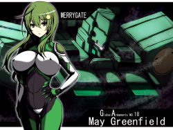 Rule 34 | 1girl, armored core, armored core: for answer, bodysuit, breasts, covered erect nipples, from software, green eyes, green hair, hair ornament, hairclip, hand on own hip, hip focus, huge breasts, may greenfield, mecha, merrygate, pilot, pilot suit, robot, smiley face, wakame
