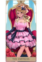 Rule 34 | 1girl, 23nanato, bare legs, bare shoulders, black eyes, blonde hair, blush, bow, bracelet, breasts, brown hair, cleavage, cocktail dress, collarbone, curly hair, dress, earrings, elbow gloves, flower, gem, gloves, gradient hair, gyaru, hair bow, heart, heart earrings, highres, idolmaster, idolmaster shiny colors, izumi mei, jewelry, large breasts, layered dress, lipstick, long hair, looking at viewer, makeup, multicolored hair, necklace, pearl (gemstone), pearl bracelet, pearl necklace, pink dress, ponytail, rose, sash, sitting, smile, solo, tan, tarot, tarot (medium), the empress (tarot), throne