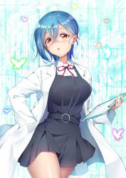 Rule 34 | 1girl, aqua background, blue hair, blush, breasts, brown eyes, bug, butterfly, clipboard, coat, collared shirt, cowboy shot, crossed bangs, dress, earrings, grey dress, hair between eyes, highres, holding, holding clipboard, insect, jewelry, lab coat, looking at viewer, love live!, love live! superstar!!, medium breasts, neck ribbon, novady, open clothes, open coat, open mouth, pinafore dress, red ribbon, ribbon, school uniform, shirt, short hair, sleeveless dress, solo, wakana shiki, white coat, white shirt, yuigaoka school uniform