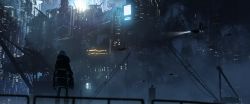 Rule 34 | absurdres, asteroid ill, building, city, city lights, cityscape, dark, from behind, headlight, highres, huge filesize, iz (asteroid ill), jacket, neon trim, original, scenery, science fiction, silver hair, solo, wide shot
