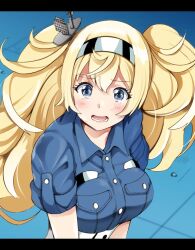 Rule 34 | 1girl, big hair, bishoujo senshi sailor moon, blonde hair, blue eyes, breast pocket, breasts, commentary request, crying, derivative work, gambier bay (kancolle), hairband, highres, kantai collection, large breasts, letterboxed, meme, open mouth, parody, pocket, sailor moon redraw challenge (meme), screenshot redraw, solo, tears, twintails, upper body, yamasaki wataru