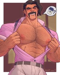 Rule 34 | 1boy, abs, arm hair, artist name, bara, black hair, blurry, blurry background, blush, bottle, brown eyes, collared shirt, creatures (company), f con, facial hair, feet out of frame, game freak, hairy, highres, large pectorals, male focus, manly, mature male, milk, milk bottle, moomoo milk, muscular, muscular male, mustache, nintendo, nipples, open clothes, open shirt, pants, partially unbuttoned, pectorals, pokemon, pokemon sv, saguaro (pokemon), shirt, short hair, signature, smirk, solo, speech bubble, teeth