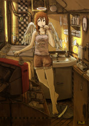 Rule 34 | 1girl, angel, angel wings, arm support, bare legs, barefoot, bathroom, brown eyes, brown hair, brushing teeth, camisole, clock, crossed legs, crt, electric plug, full body, halo, highres, inukoko, jitome, mirror, quill, shorts, sink, solo, standing, television, toothbrush, washing machine, wings