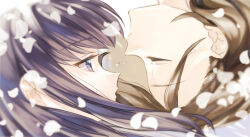 Rule 34 | 2girls, blurry, blurry foreground, braid, braided bangs, brown hair, closed eyes, closed mouth, crying, crying with eyes open, depth of field, face-to-face, facing another, falling petals, floating hair, flying teardrops, from side, hair behind ear, highres, long hair, looking at another, minase suzu, multiple girls, petals, portrait, profile, purple eyes, purple hair, short hair, shoujo kageki revue starlight, simple background, tareko, tears, tsuyuzaki mahiru, upside-down, white background