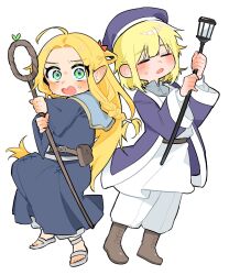 Rule 34 | 2girls, ahoge, ankle boots, banananoyabatan, belt, belt pouch, beret, blonde hair, blue robe, blush, boots, braid, brown footwear, chibi, chibi only, closed eyes, dungeon meshi, elf, facing viewer, falin touden, full body, green eyes, half updo, hat, highres, holding, holding lantern, holding wand, jacket, lantern, long hair, long sleeves, looking at viewer, marcille donato, multiple girls, open clothes, open jacket, open mouth, pants, pointy ears, pouch, purple hat, purple jacket, robe, sandals, shirt, short hair, side braid, simple background, single braid, standing, sweat, wand, white background, white footwear, white pants, white shirt, wide-eyed