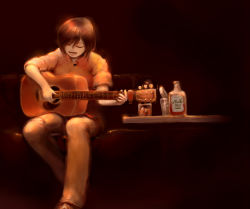 Rule 34 | 1girl, acoustic guitar, brown hair, guitar, instrument, konpasu, meiko (vocaloid), music, orange theme, red theme, short hair, singing, solo, vocaloid