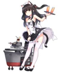 Rule 34 | 1girl, allenes, alternate costume, animal ears, azur lane, bare shoulders, black bow, black footwear, black hair, blunt bangs, bow, brown hair, buttons, cat ears, cat tail, detached collar, dress, drink, drinking straw, food, fruit, full body, garter straps, legs apart, lemon, lemon slice, long hair, machinery, maid, maid headdress, mary janes, official art, paw print, pink ribbon, plate, ribbon, shoes, solo, standing, strapless, strapless dress, tachi-e, tail, thighhighs, torpedo, transparent background, turret, two side up, white thighhighs, wristband, yellow eyes, yuugure (azur lane), yuugure (maid-in-training!) (azur lane)