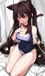 Rule 34 | 1girl, belt collar, blush, breasts, brown hair, cleavage, collar, collarbone, competition swimsuit, covered navel, fang, genshin impact, hair between eyes, highres, holding, hu tao (genshin impact), large breasts, long hair, looking at viewer, one-piece swimsuit, open mouth, red eyes, seiza, sidelocks, sitting, skin fang, solo, swimsuit, symbol-shaped pupils, thighs, twintails, very long hair, w.k, wet