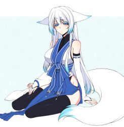 Rule 34 | 1girl, animal ears, asymmetrical clothes, bare shoulders, barefoot, blue eyes, blush, bridal gauntlets, detached sleeves, elbow gloves, floral background, fox ears, fox tail, gloves, japanese clothes, konshin, long hair, looking at viewer, no panties, orie mishiro, original, sitting, solo, tail, thighhighs, toeless legwear, toes, white hair, yokozuwari