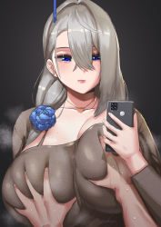 Rule 34 | 1girl, absurdres, blue eyes, blue flower, grabbing another&#039;s breast, breasts, brown dress, brown hair, cellphone, closed mouth, commentary, dress, english commentary, expressionless, flower, grabbing, hair between eyes, hair flower, hair ornament, hand up, highres, huge breasts, jewelry, kirinkirin, looking at phone, mature female, necklace, original, phone, pov, smartphone, solo focus, upper body
