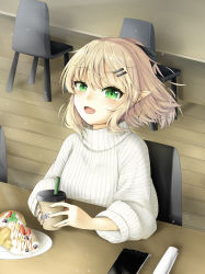 Rule 34 | 1girl, absurdres, alternate costume, banana, barcode, berry, black bow, black ribbon, blonde hair, bow, cake, casual, cellphone, chair, coffee, contemporary, cookie (touhou), cream, cup, earrings, floor, food, fruit, green eyes, hair between eyes, hair ornament, hair ribbon, hairpin, highres, jewelry, joker (cookie), long sleeves, looking at viewer, mizuhashi parsee, open mouth, pancake, phone, plate, pointy ears, ribbon, short hair, single earring, sitting, smartphone, smile, solo, strawberry, sweater, table, takeno, touhou, whipped cream, white sleeves, white sweater, wooden floor