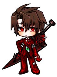 Rule 34 | 1boy, armband, brown hair, chibi, closed mouth, collared shirt, commentary request, e.g.o (project moon), employee (project moon), frown, gloves, hand on own hip, jacket, lobotomy corporation, long sleeves, male focus, no nose, pants, project moon, red eyes, red gloves, red jacket, red pants, shirt, short hair, shot (urem), simple background, solo, sword, sword behind back, weapon, white background, white shirt