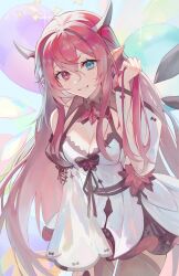 Rule 34 | 1girl, asymmetrical wings, blue eyes, breasts, brooch, cleavage, crystal wings, detached sleeves, dress, grey thighhighs, greypidjun, hair between eyes, halo, heart, heart brooch, heterochromia, highres, hololive, hololive english, horns, irys (irys 2.0) (hololive), irys (hololive), jewelry, long hair, medium breasts, pink eyes, pink hair, pointy ears, short dress, smile, solo, star halo, thighhighs, very long hair, virtual youtuber, white dress, wings