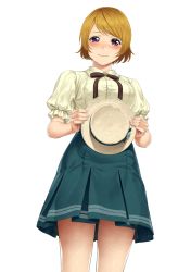 Rule 34 | 1girl, blonde hair, blush, breasts, closed mouth, hat, highres, koizumi hanayo, looking at viewer, love live!, love live! school idol project, medium breasts, purple eyes, short hair, simple background, smile, solo, standing, turiganesou800, white background