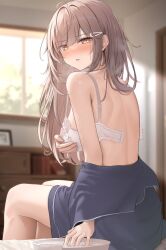 Rule 34 | 1girl, blurry, blurry background, blush, bra, breasts, brown hair, desk, from behind, hair ornament, hairclip, highres, indoors, long hair, looking at viewer, medium breasts, monaka curl, original, parted lips, sitting, solo, underwear, water, white bra, window, yellow eyes