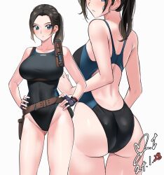 Rule 34 | 1girl, ass, ass focus, bare arms, bare shoulders, belt, black gloves, black one-piece swimsuit, blue eyes, blue one-piece swimsuit, blush, breasts, brown belt, brown hair, claire redfield, commentary request, commission, competition swimsuit, covered navel, cowboy shot, dated, fingerless gloves, gloves, gluteal fold, hands on own hips, head out of frame, highleg, highleg swimsuit, highres, holster, holstered, knife, knife sheath, large breasts, looking at viewer, multiple views, one-piece swimsuit, parted lips, pixiv commission, ponytail, resident evil, resident evil 2, sheath, shoulder holster, sidelocks, signature, simple background, standing, swimsuit, teeth, thigh gap, two-tone swimsuit, white background, yoo tenchi